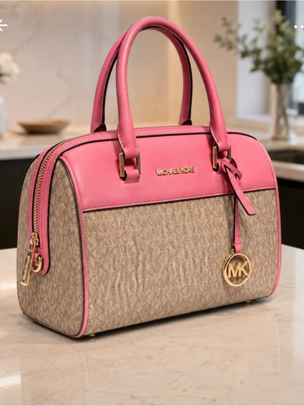 Michael Kors Beige Logo Satchel with Pink Trim